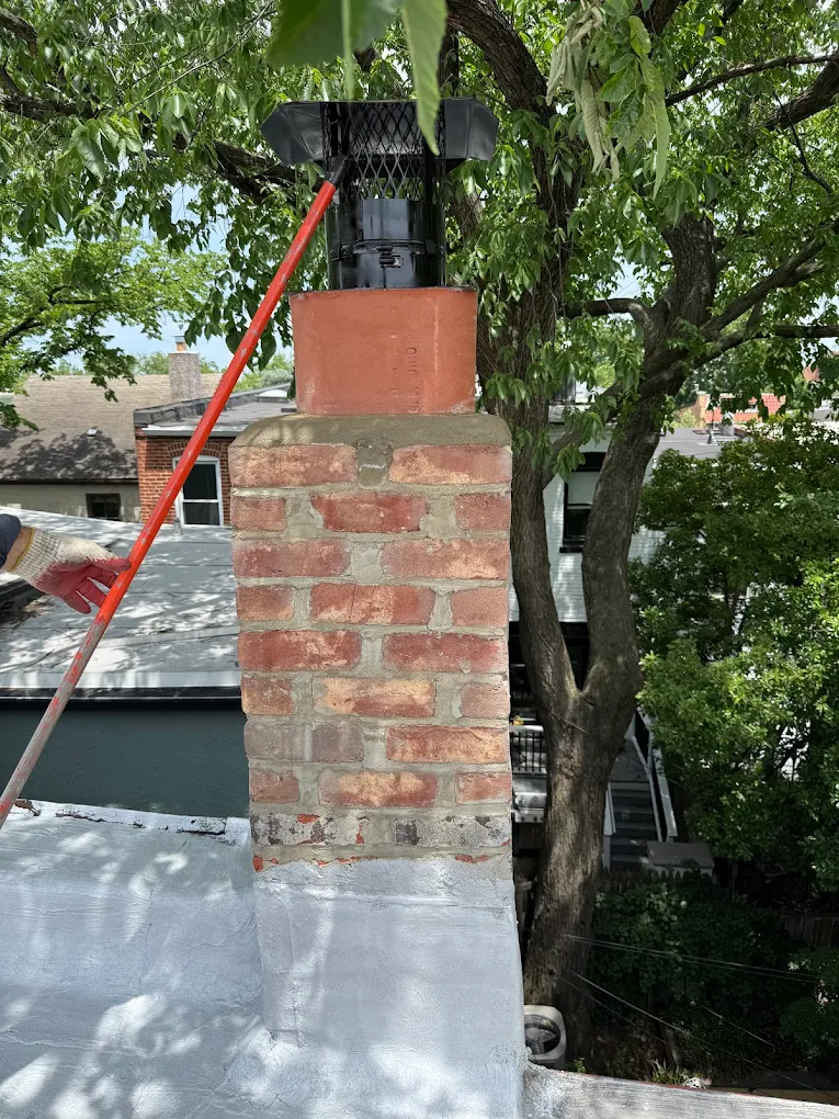 Chimney repointing on a DC rowhouse rooftop